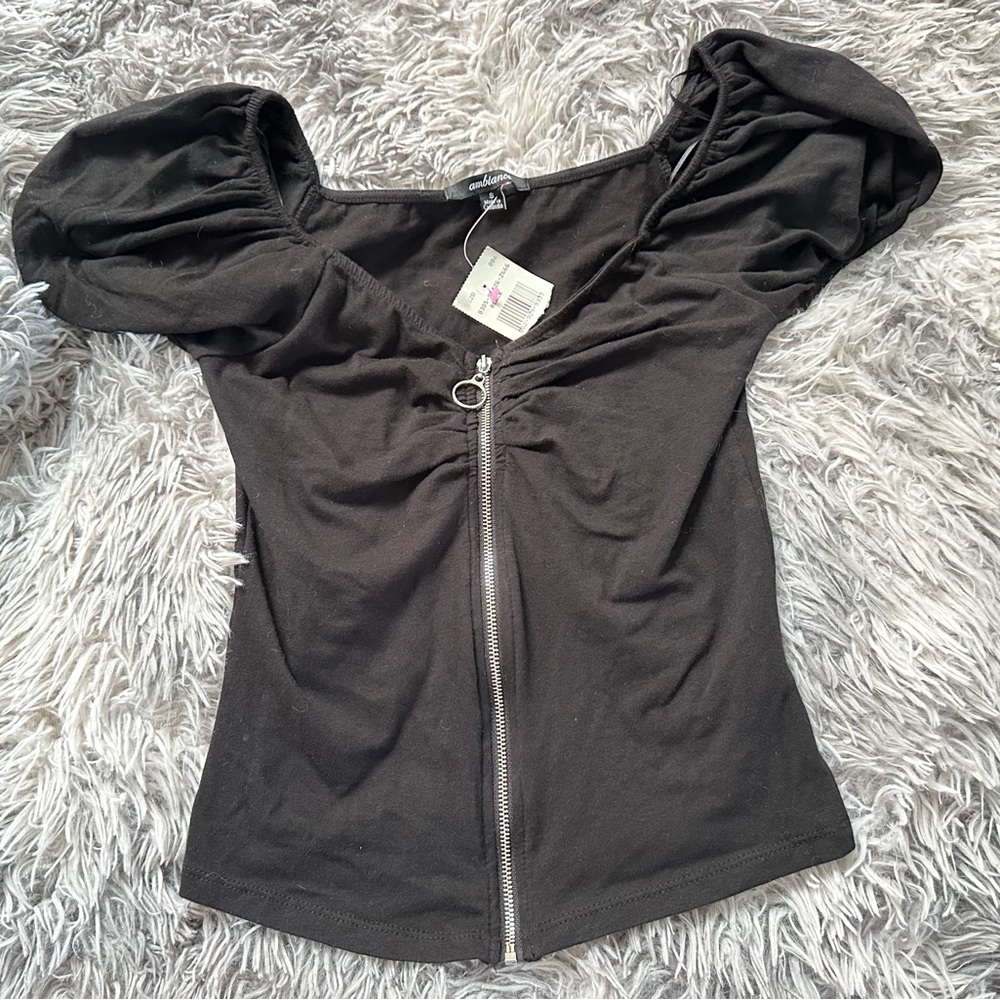 Black Puff Sleeve Ruched Fitted Blouse